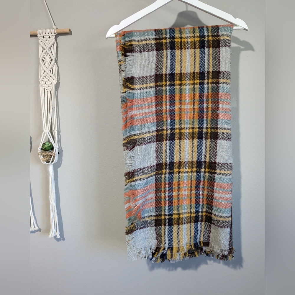 Soft Thick Knit Neutral Tone Blanket Oversized Wide Scarf Plaid Check Buffalo